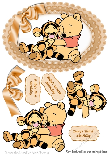 Little bear hugging a tiger with bow in oval gingham frame