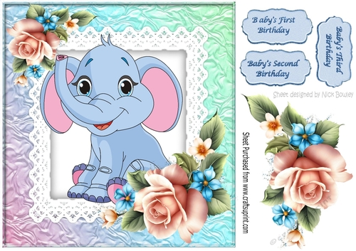 Cute little elephant with roses on lace 8x8