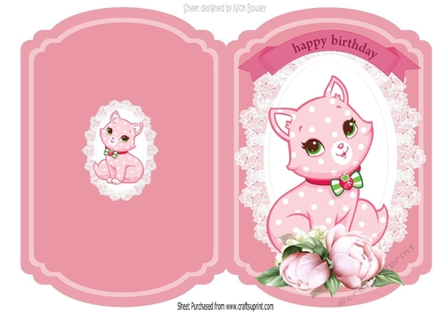 cute little puss with pink peonies on lace folded card
