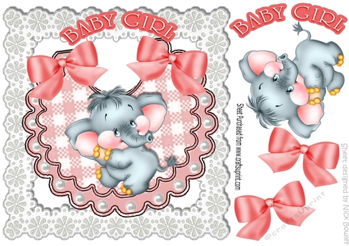 Cute little elephant  on a  gingham bib with bows on lace 8x8