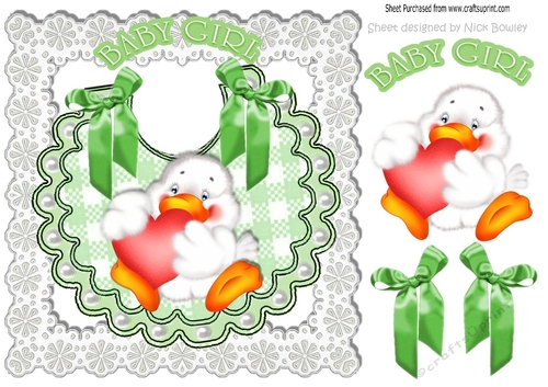 Cute little duck  on a  gingham bib with bows on lace 8x8
