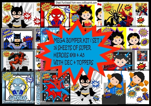 Superheroes 16 sheets  bumper kit nos 3 8x8 & A5