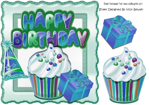 Lovely Birthday turq with cupcake and party hat 8x8