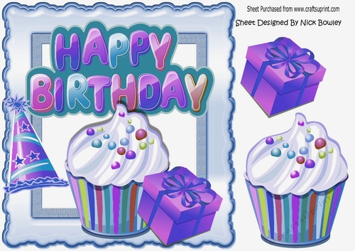 Lovely Birthday blue with cupcake and party hat 8x8