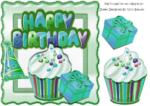 Lovely Birthday green with cupcake and party hat 8x8
