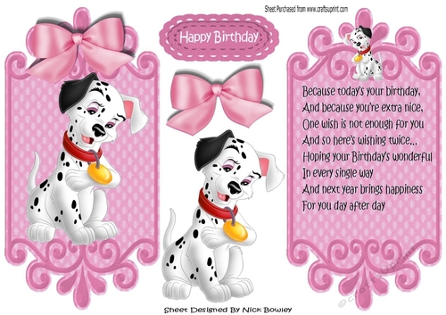 lovely black and white spotty dalmation with pink bow card front and insert