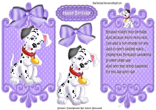 lovely black and white spotty dalmation with purple bow card front and insert