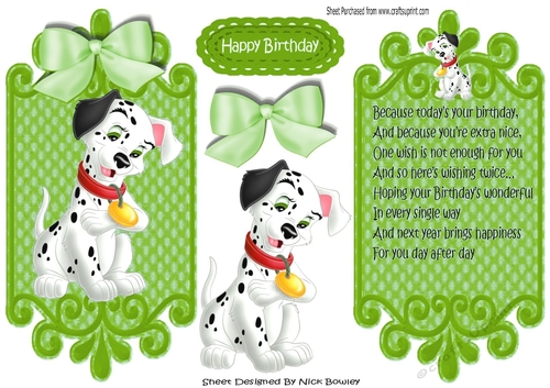 lovely black and white spotty dalmation with green bow card front and insert