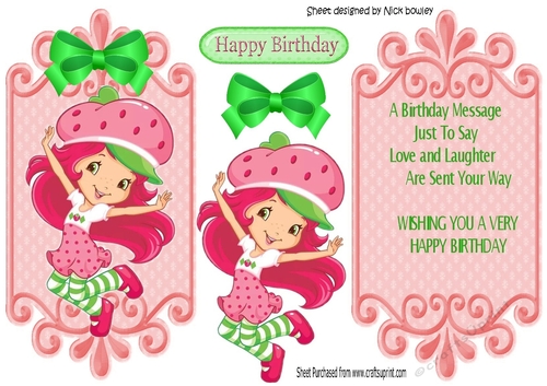 Dancing girl in her strawberry hat with Green Bow card front/insert