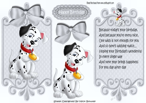 lovely black and white spotty dalmation with silver bow card front and insert