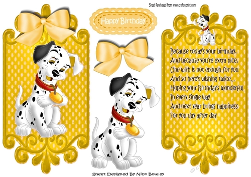 lovely black and white spotty dalmation with gold bow card front and insert