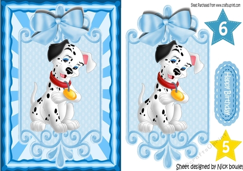 Cute Dalmation on a plaque with blue bow & stripes A5