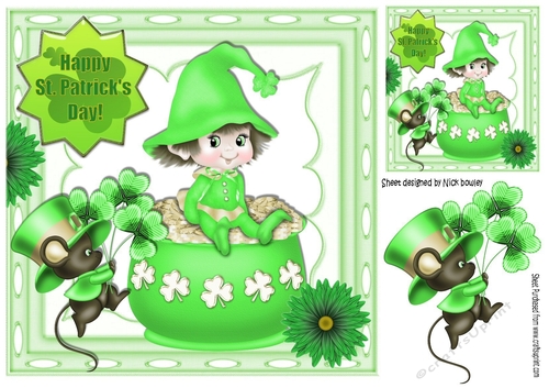 Cute pixie sitting on a pot of gold with cute mouse 8x8