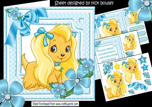 Puppy Love for a princess with blue bow and flowers 8x8 mini kit