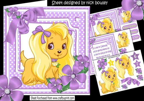 Puppy Love for a princess with purple bow and flowers 8x8 mini kit