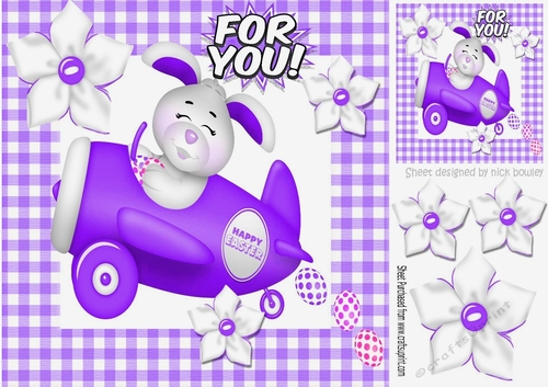 The easter bunny is on its way, flying high in his purple plane 8x8