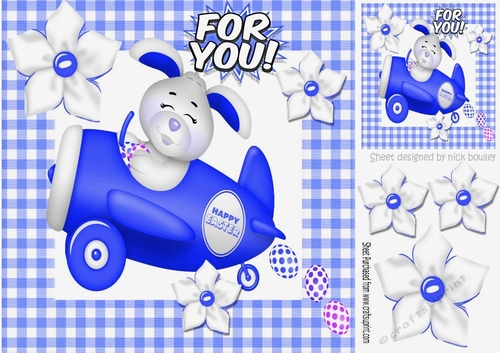 The easter bunny is on its way, flying high in his blue plane 8x8