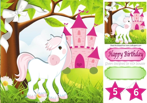 Pink little pony, with princess castle and bow 8x8