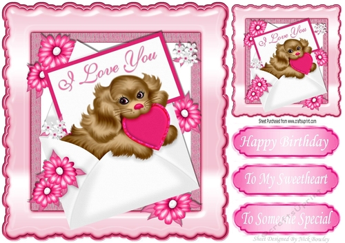 Puppy love with heart and flowers in an envelope 8x8
