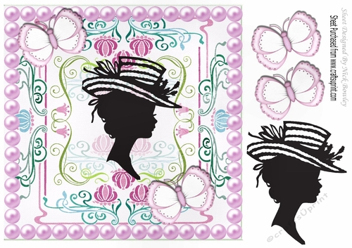 vintage silhouette lady with butterflies and pink pearls 8x8