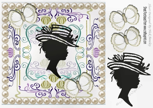 vintage silhouette lady with butterflies and cream pearls
