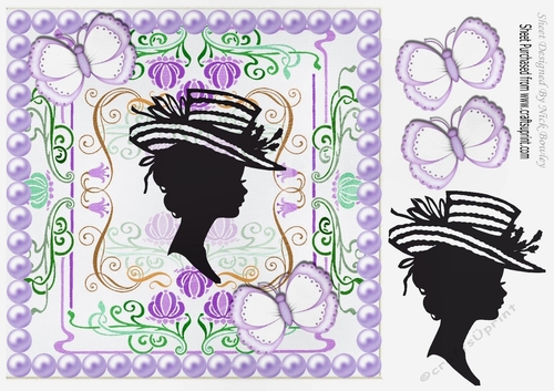 vintage silhouette lady with butterflies and purple pearls 8x8