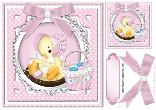 pretty little chick in pink bonnet on lace 8x8