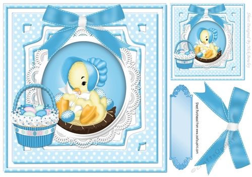 pretty liitle chick in blue bonnet on lace 8x8
