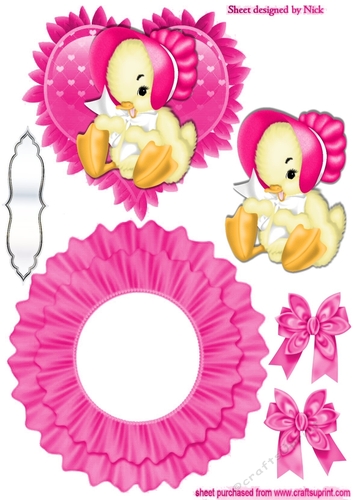 Little chick in pink bonnet on frill rocker card