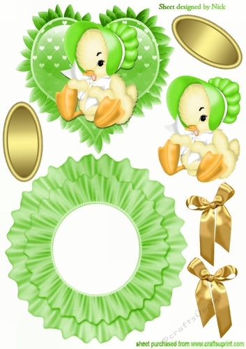 Little chick in green bonnet on frill rocker card