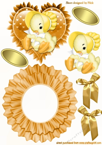 Little chick in yellow bonnet on frill rocker card
