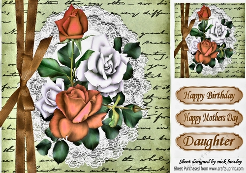 Pretty peach/white roses on script with lace & border bow 8x8