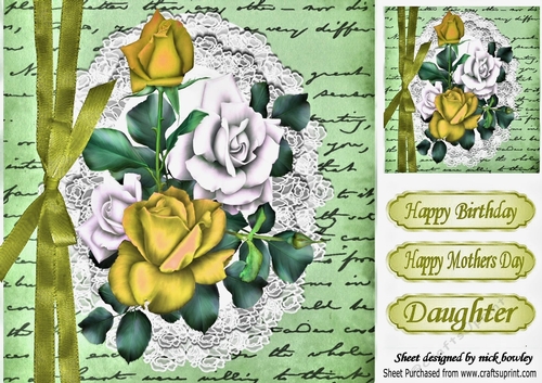Pretty gold/white roses on script with lace & border bow 8x8