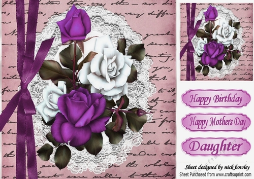 Pretty purple/white roses on script with lace & border bow 8x8