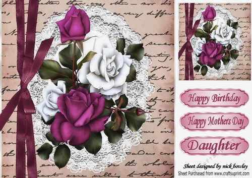 Pretty pink/white roses on script with lace & border bow 8x8