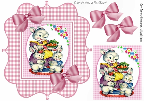 Easter Bunny family in pink gingham frame with bows 8x8