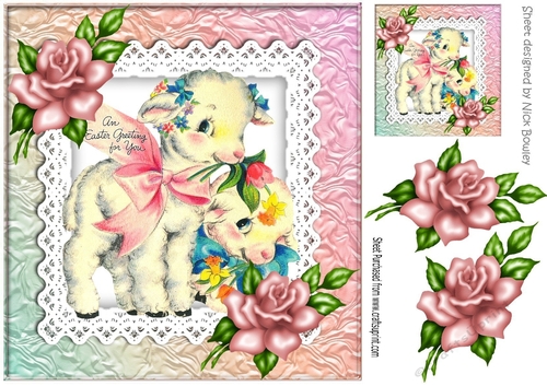 Lovely easter lambs on lace with pink roses 8x8