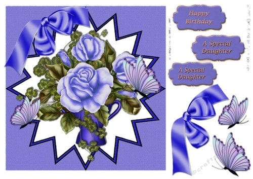 pretty blue roses and matching bow with butterflies in frame