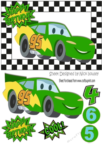 Toony green racing car in check frame A5