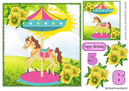 Pretty carousel horse with yellow flowers 8x8