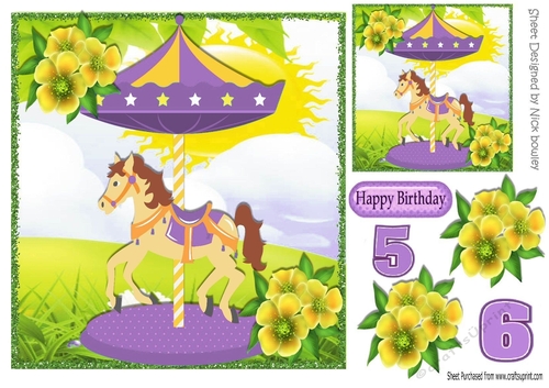Pretty purple carousel with horse with flowers 8x8