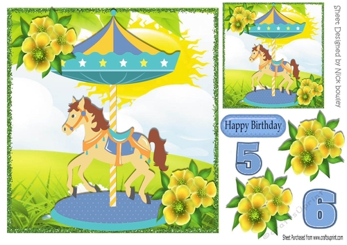 Pretty blue carousel with horse with flowers 8x8
