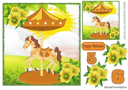 Pretty orange carousel with horse with flowers 8x8