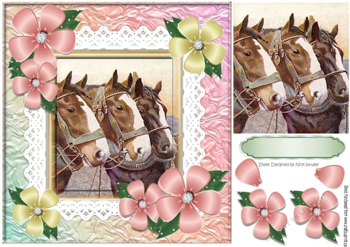 Three lovely horses with pretty flowers 8x8