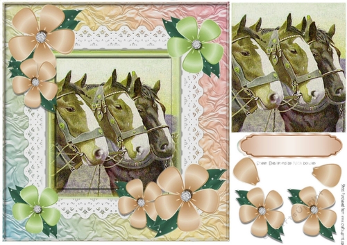 Three lovely horses with pretty peach flowers 8x8