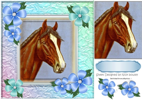  lovely horse with pretty blue flowers 8x8