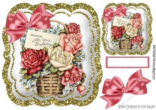 Basket of pretty roses with pink bow 8x8