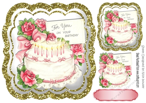 Pretty roses and bow with cake and glitter frame 8x8