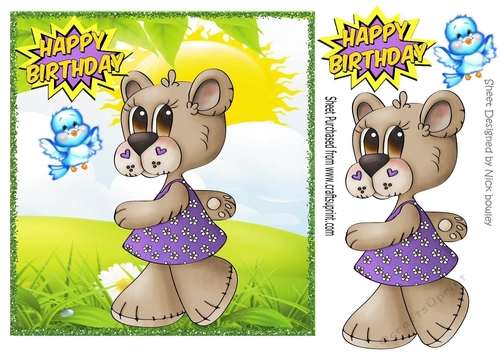 Tilly bear in her purple dress taking a walk with little blue bird 8x8