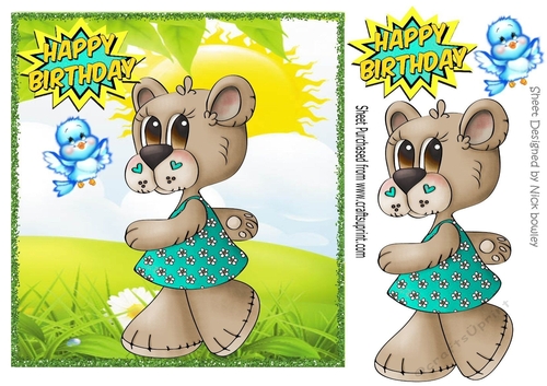 Tilly bear in her turq dress taking a walk with little blue bird 8x8
